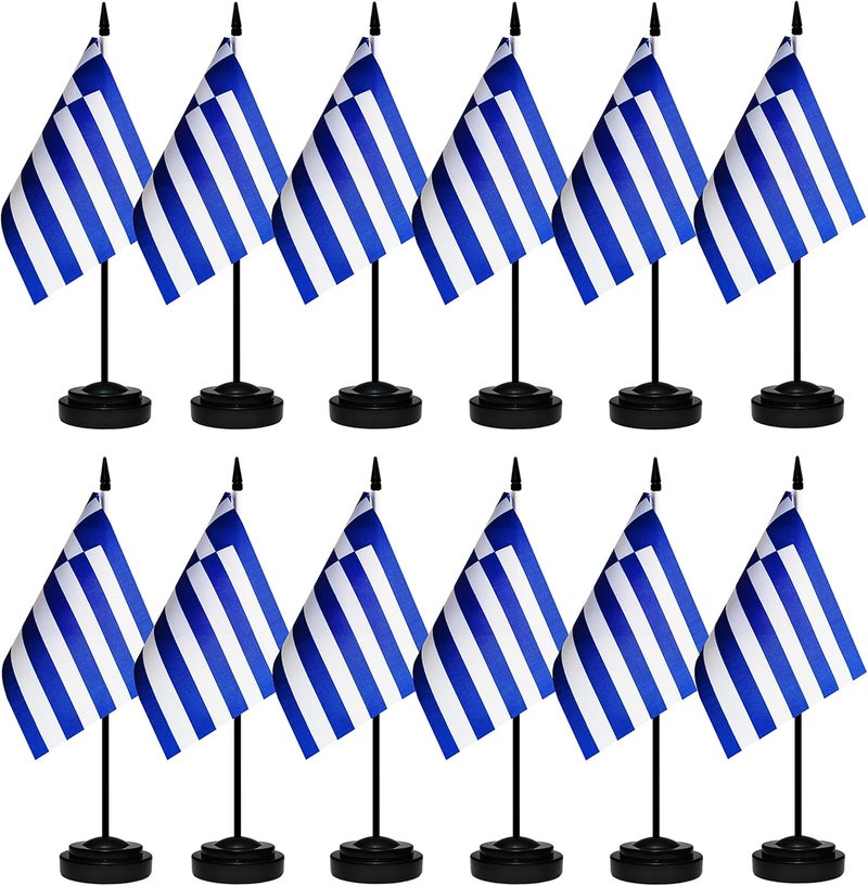 BCLin 12 Pack Greece Desk Flags Set, Greek Small Mini Table Office Flags with 12" Solid Black Pole, 8.2 x 5.5 Inches, Home and Office Decoration, Festival Celebrations - Image 1